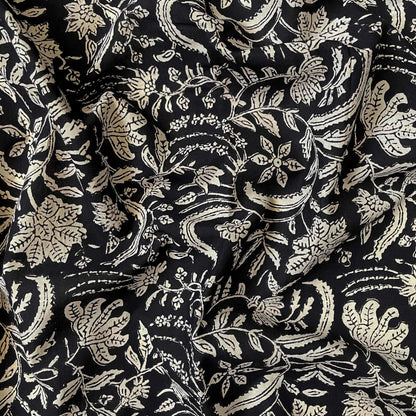 Hand Block Printed Cotton Fabric Cut Piece (CUT PIECE) Black & Beige Floral Jaal Pure Ajrakh Natural Dyed Hand Block Printed Pure Cotton Fabric (Width 42 inches)