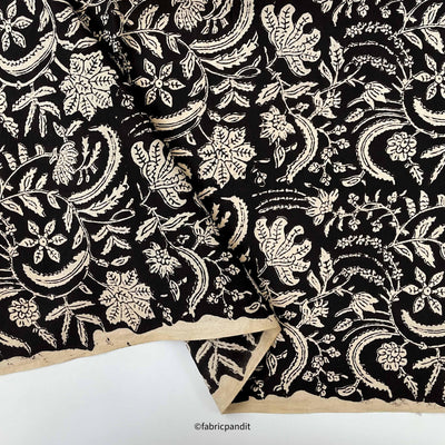 Hand Block Printed Cotton Fabric Cut Piece (CUT PIECE) Black & Beige Floral Jaal Pure Ajrakh Natural Dyed Hand Block Printed Pure Cotton Fabric (Width 42 inches)