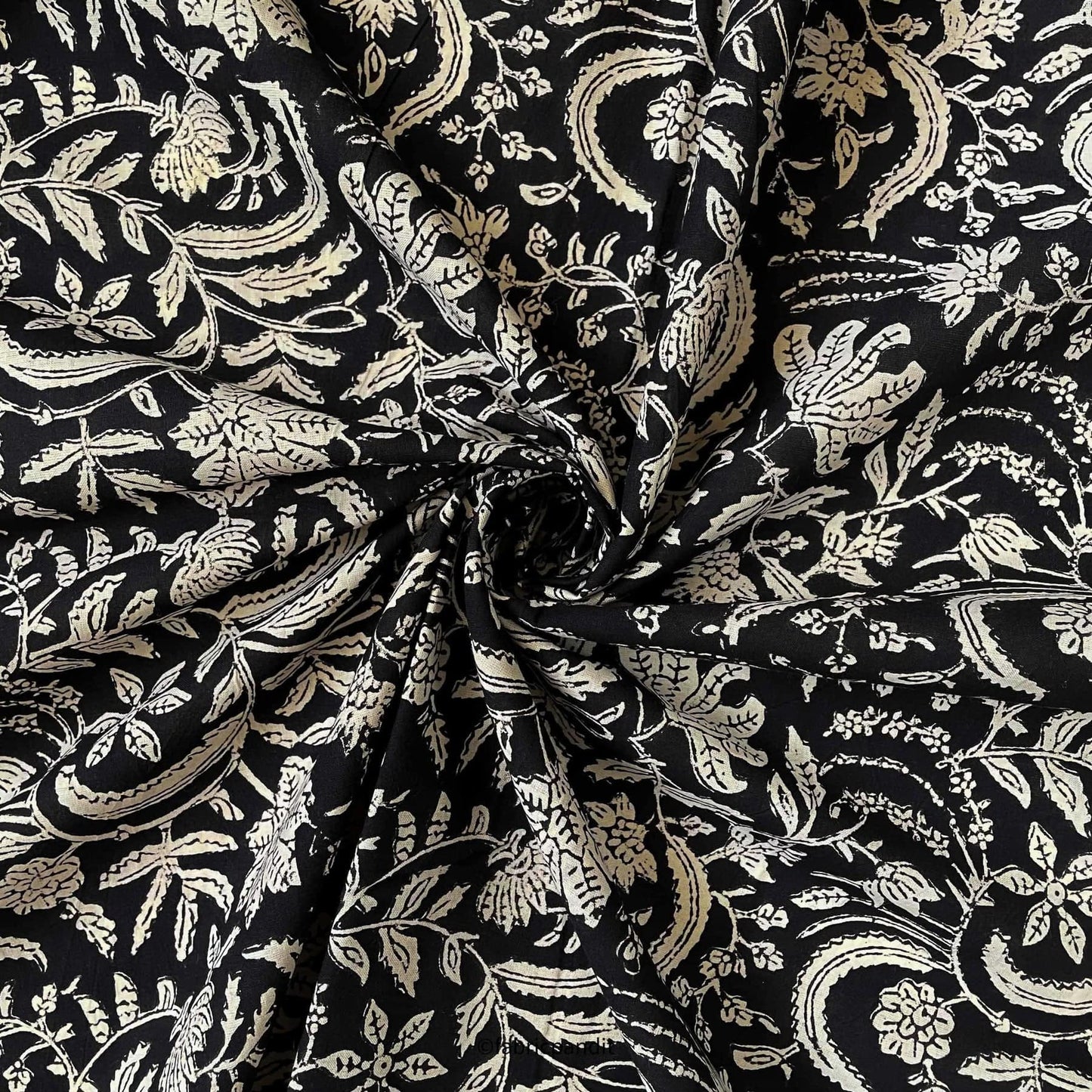 Hand Block Printed Cotton Fabric Cut Piece (CUT PIECE) Black & Beige Floral Jaal Pure Ajrakh Natural Dyed Hand Block Printed Pure Cotton Fabric (Width 42 inches)