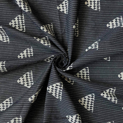 Hand Block Printed Cotton Fabric Cut Piece (CUT PIECE) Black & Grey Abstract Triangles Woven Kantha Hand Block Printed Pure Cotton Fabric (Width 42 inches)