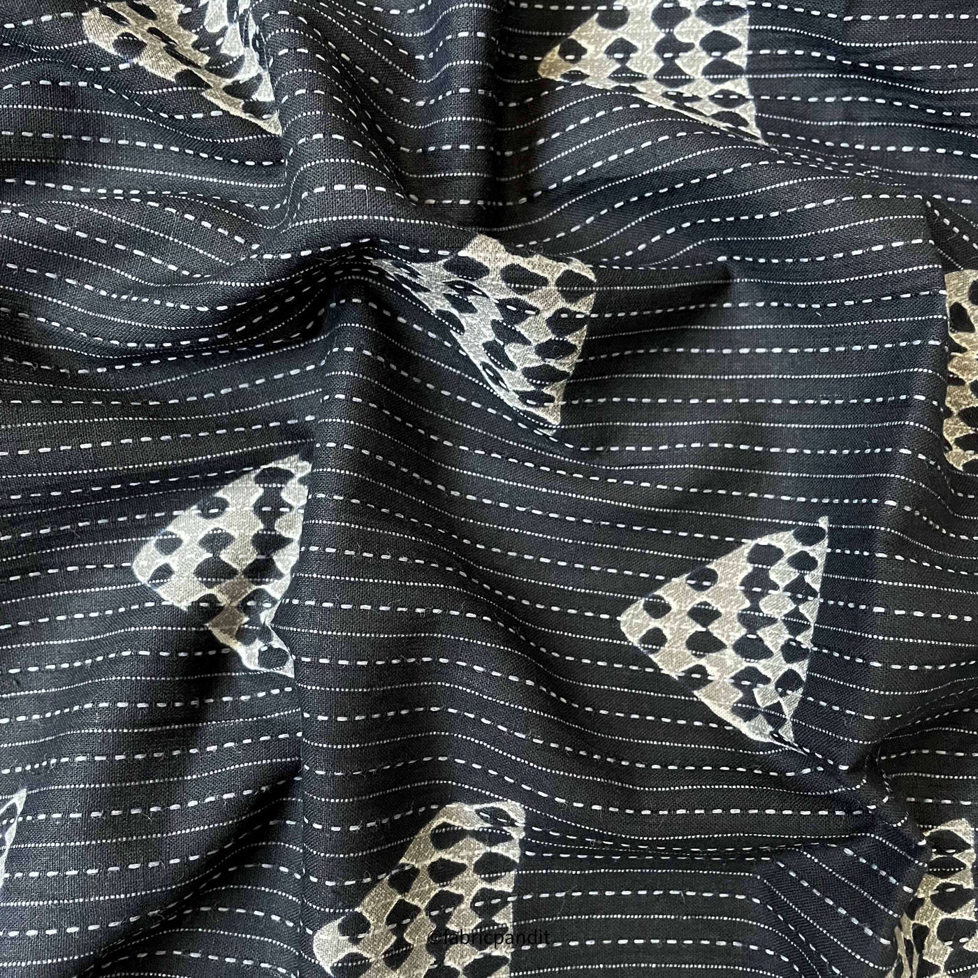 Hand Block Printed Cotton Fabric Cut Piece (CUT PIECE) Black & Grey Abstract Triangles Woven Kantha Hand Block Printed Pure Cotton Fabric (Width 42 inches)