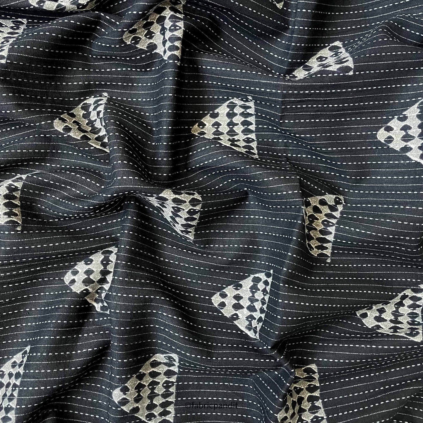 Hand Block Printed Cotton Fabric Cut Piece (CUT PIECE) Black & Grey Abstract Triangles Woven Kantha Hand Block Printed Pure Cotton Fabric (Width 42 inches)