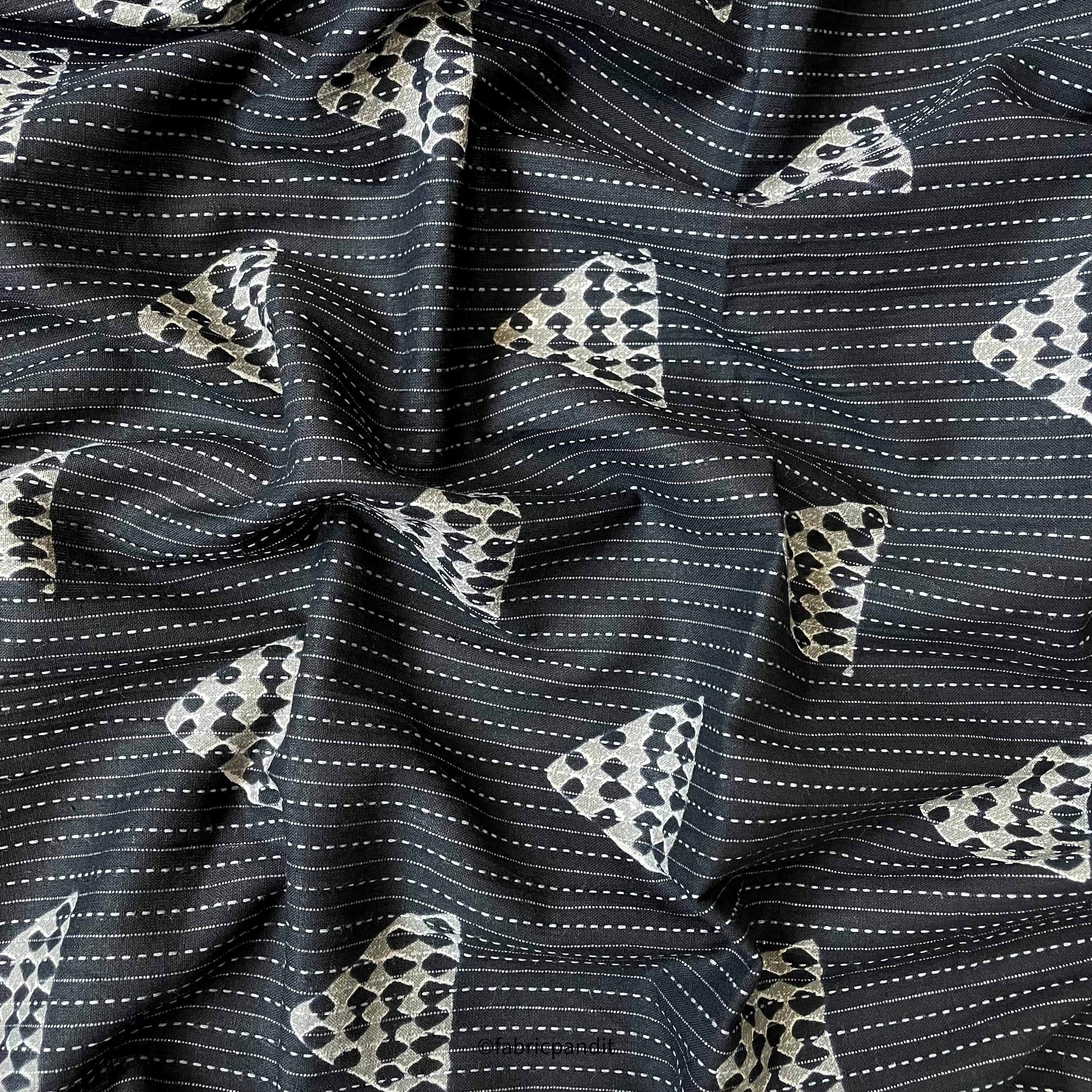 Hand Block Printed Cotton Fabric Cut Piece (CUT PIECE) Black & Grey Abstract Triangles Woven Kantha Hand Block Printed Pure Cotton Fabric (Width 42 inches)