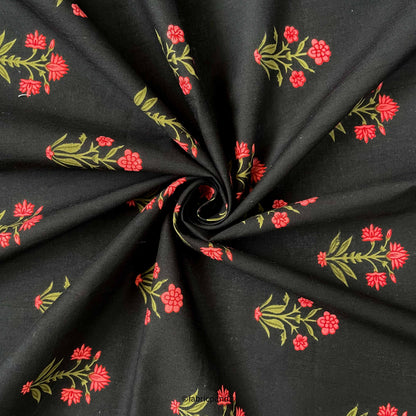 Hand Block Printed Cotton Fabric Cut Piece (CUT PIECE) Black & Peach Vintage Flower Bunches Hand Block Printed Pure Cotton Fabric (Width 42 inches)