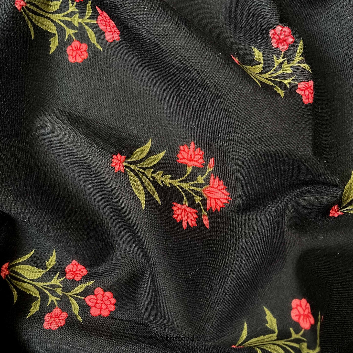 Hand Block Printed Cotton Fabric Cut Piece (CUT PIECE) Black & Peach Vintage Flower Bunches Hand Block Printed Pure Cotton Fabric (Width 42 inches)