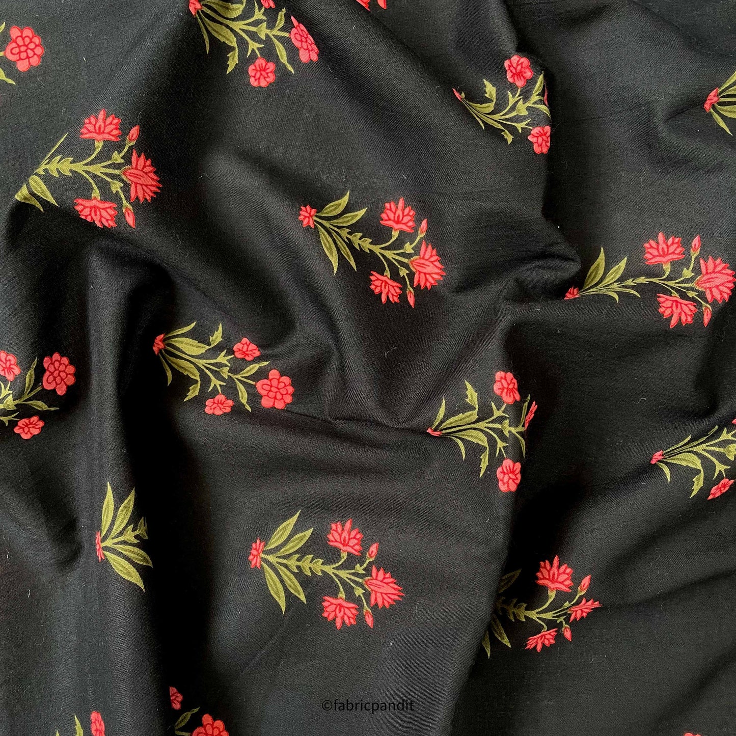 Hand Block Printed Cotton Fabric Cut Piece (CUT PIECE) Black & Peach Vintage Flower Bunches Hand Block Printed Pure Cotton Fabric (Width 42 inches)