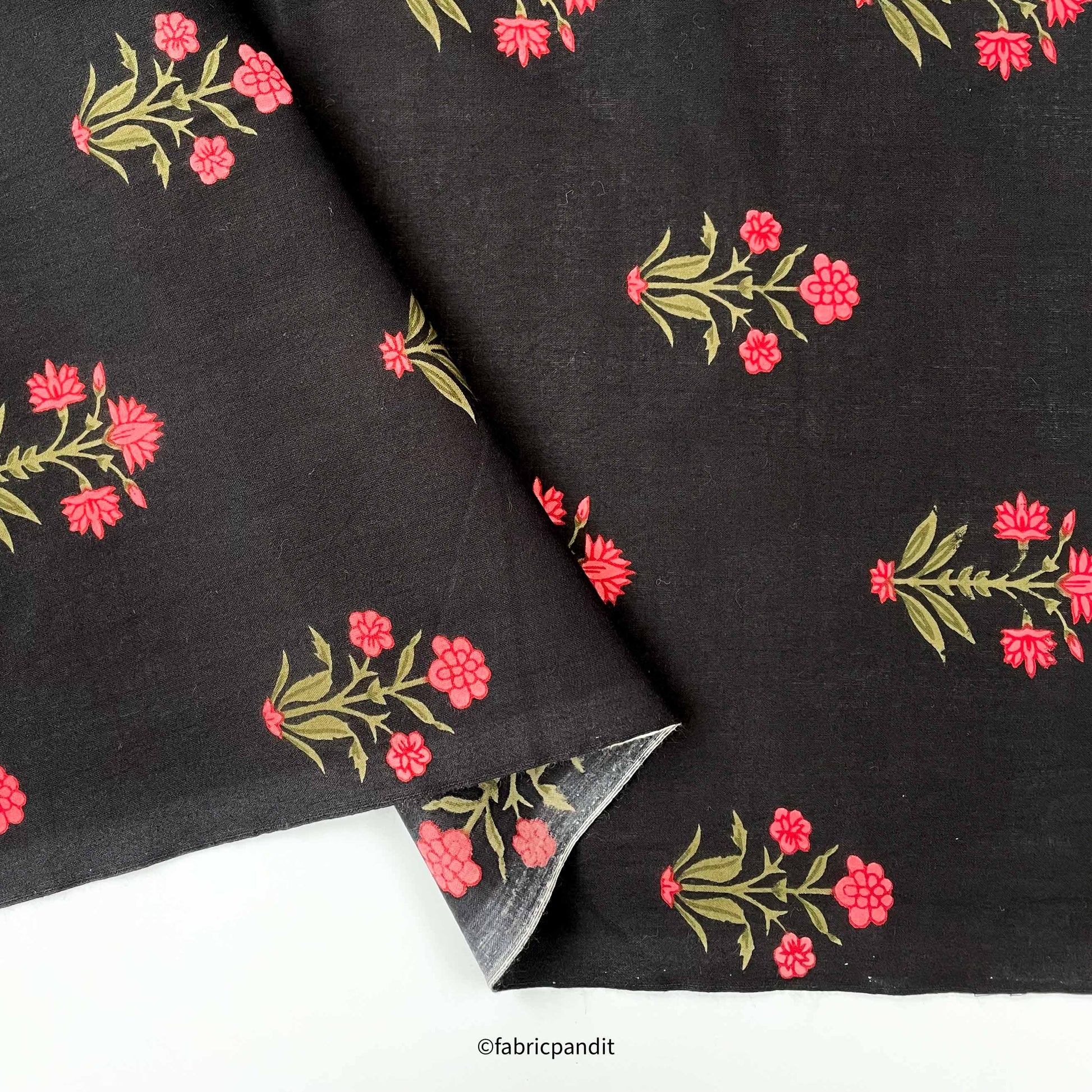 Hand Block Printed Cotton Fabric Cut Piece (CUT PIECE) Black & Peach Vintage Flower Bunches Hand Block Printed Pure Cotton Fabric (Width 42 inches)