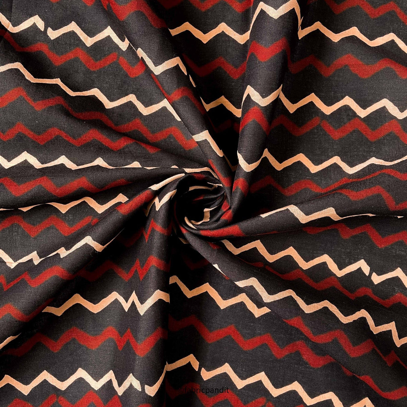 Hand Block Printed Cotton Fabric Cut Piece (CUT PIECE) Black & Red Zig- Zag Pattern Hand Block Printed Pure Cotton Fabric (Width 42 inches)