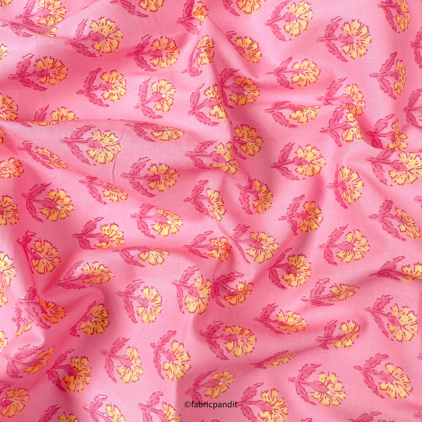 Hand Block Printed Cotton Fabric Cut Piece (CUT PIECE) Blush Pink & Yellow Mini Lilies Hand Block Printed Pure Cotton Modal Fabric (Width 42 inches)