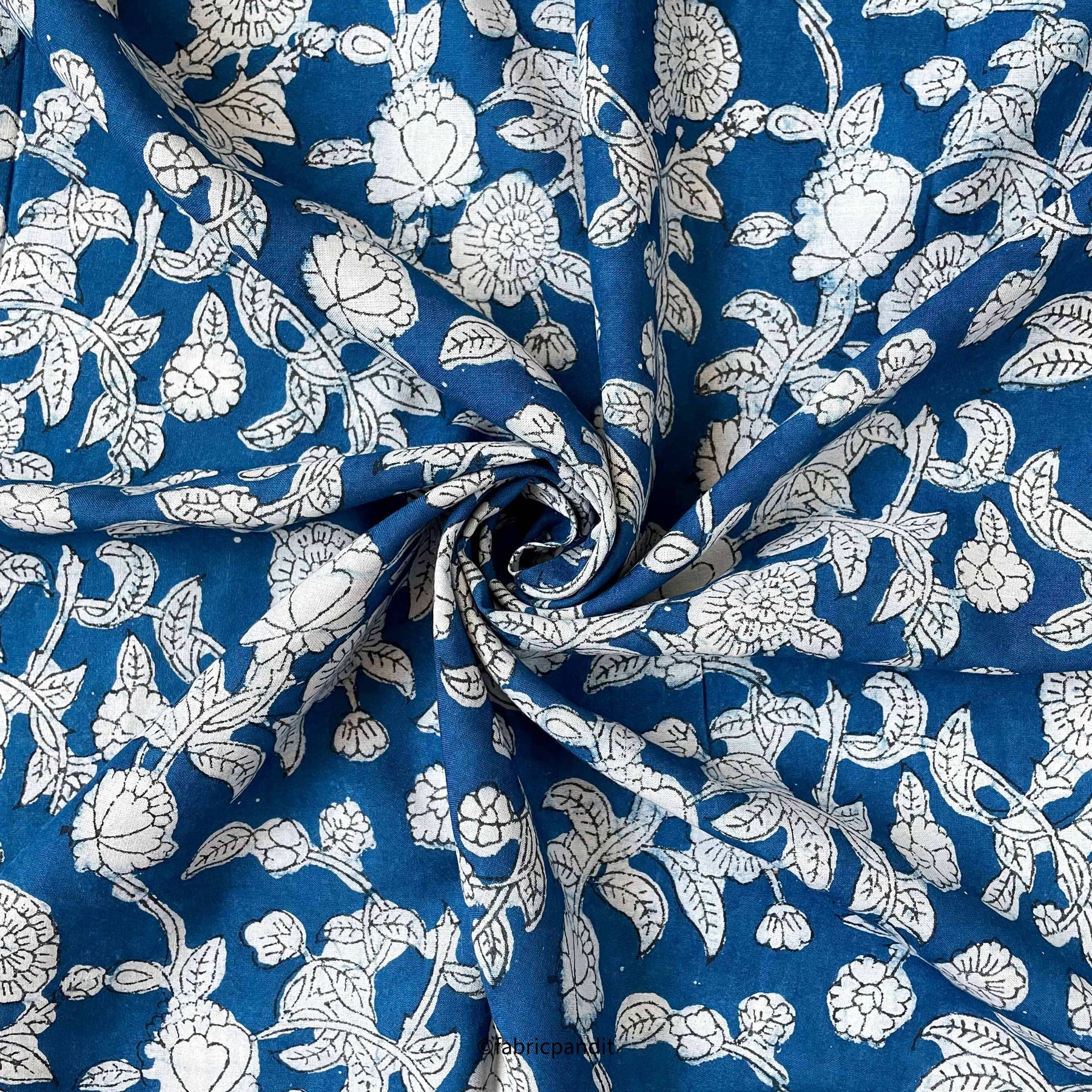 (CUT PIECE) Bright Blue & White Floral Jaal Hand Block Printed