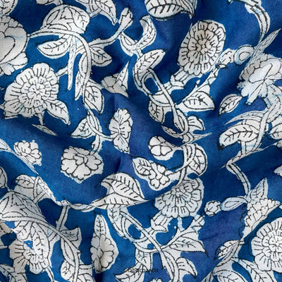 Hand Block Printed Cotton Fabric Cut Piece (CUT PIECE) Bright Blue & White Floral Jaal Hand Block Printed Pure Cotton Modal Fabric (Width 42 inches)