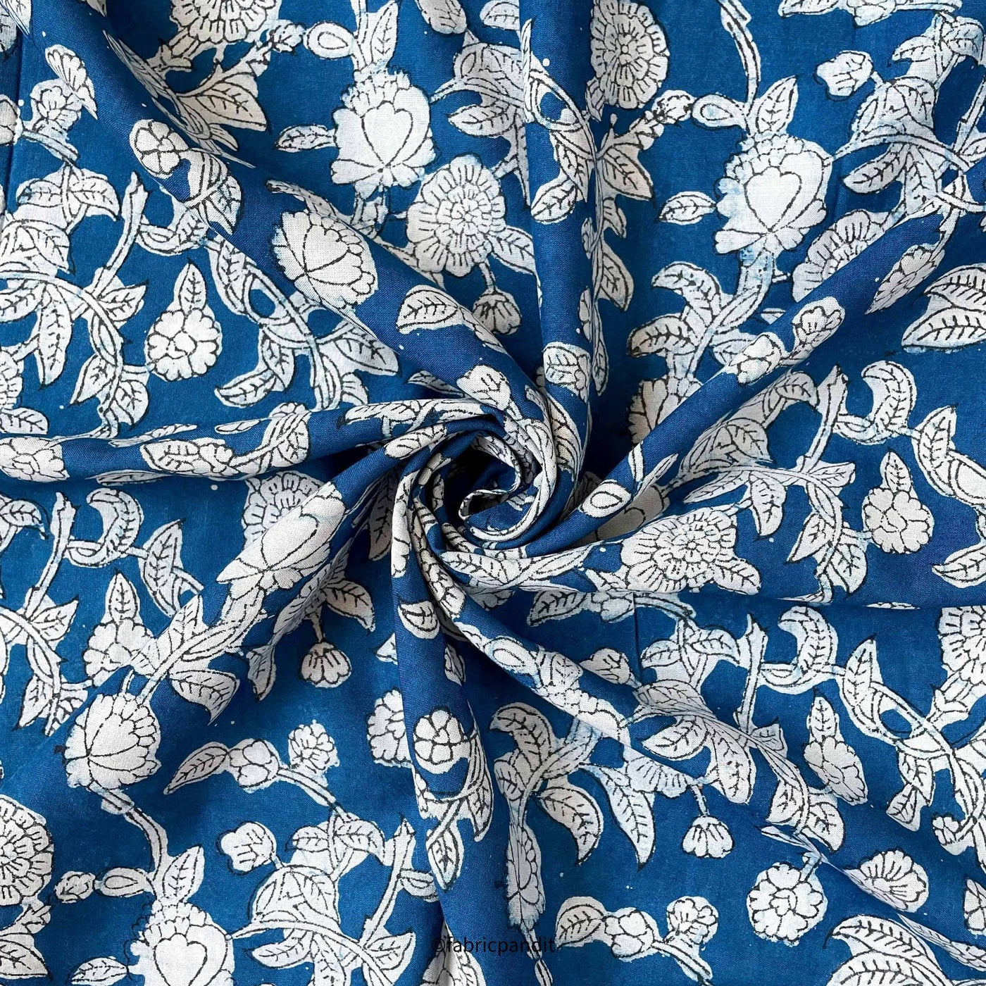 Hand Block Printed Cotton Fabric Cut Piece (CUT PIECE) Bright Blue & White Floral Jaal Hand Block Printed Pure Cotton Modal Fabric (Width 42 inches)