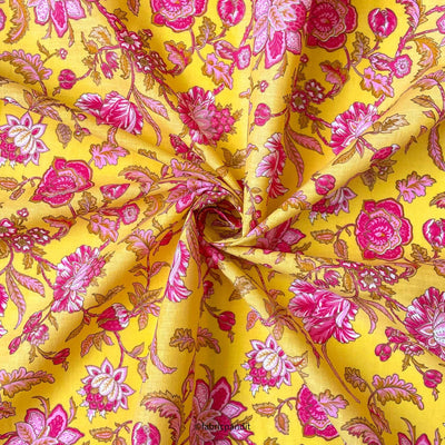 Hand Block Printed Cotton Fabric Cut Piece (CUT PIECE) Bright Yellow & Pink Egyptian Flora Hand Block Printed With Foil Pure Cotton Fabric (Width 42 inches)