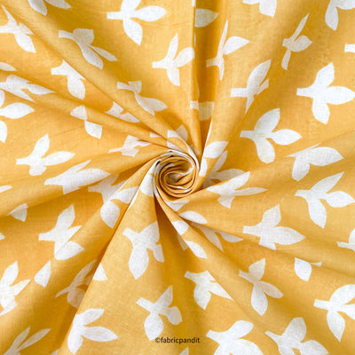 Hand Block Printed Cotton Fabric Cut Piece (CUT PIECE) Bright Yellow & White Autumn Leaves Hand Block Printed Pure Cotton Fabric (Width 42 inches)