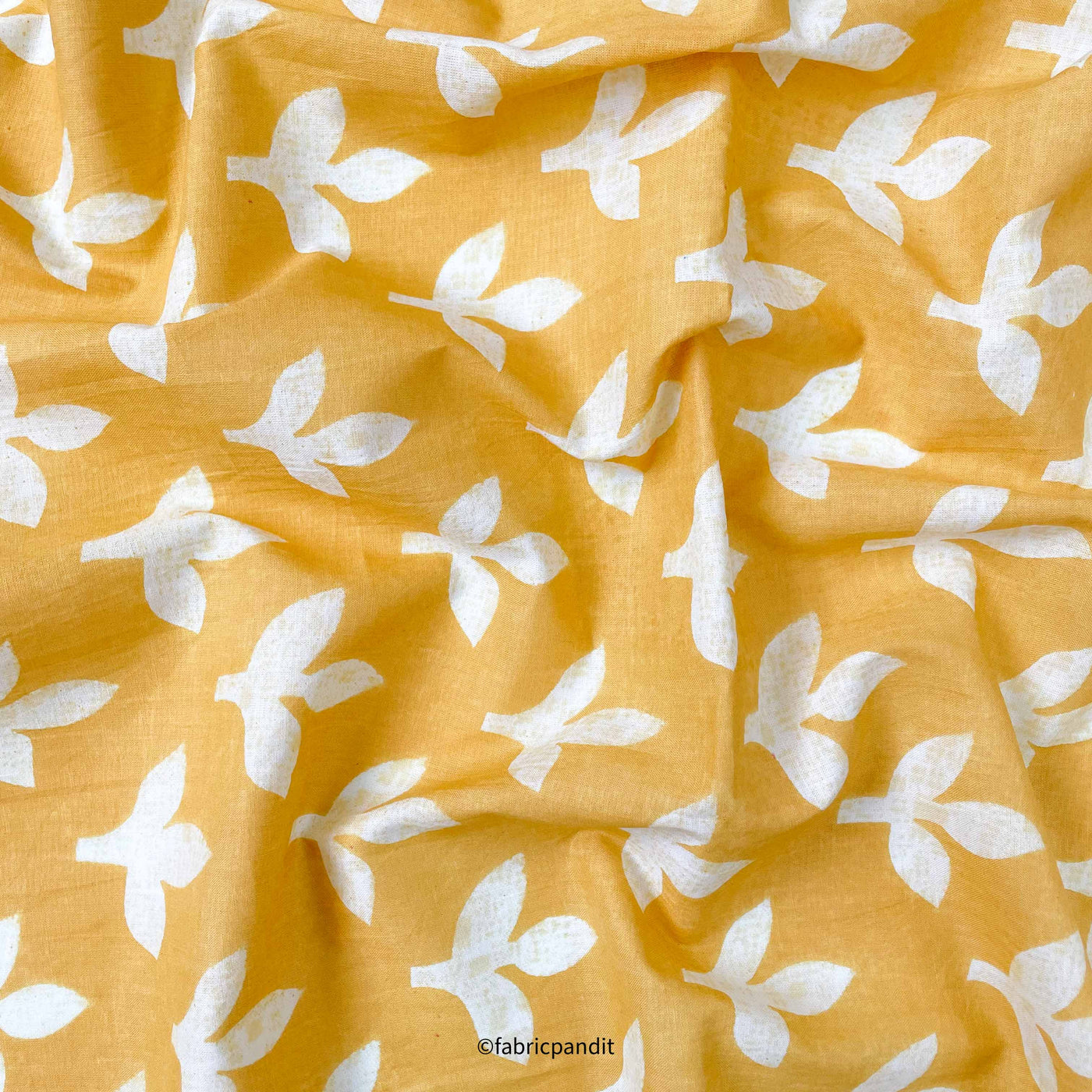 Hand Block Printed Cotton Fabric Cut Piece (CUT PIECE) Bright Yellow & White Autumn Leaves Hand Block Printed Pure Cotton Fabric (Width 42 inches)