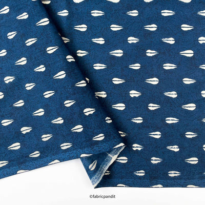 Hand Block Printed Cotton Fabric Cut Piece (CUT PIECE) Dark Blue & Off-White Abstract Leaves Hand Block Printed Pure Cotton Fabric (Width 42 inches)