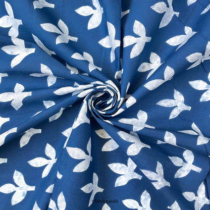 Hand Block Printed Cotton Fabric Cut Piece (CUT PIECE) Dark Blue & White Autumn Leaves Hand Block Printed Pure Cotton Fabric (Width 42 inches)