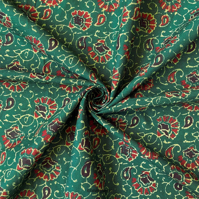 Hand Block Printed Cotton Fabric Cut Piece (CUT PIECE) Dark Green & Red Traditional Floral Hand Block Printed Pure Cotton Fabric (Width 42 inches)
