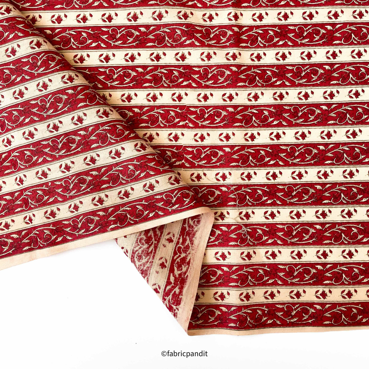 Hand Block Printed Cotton Fabric Cut Piece (CUT PIECE) Deep Red & Off-White Mughal Floral Stripes Hand Block Printed Pure Cotton Fabric (Width 42 inches)