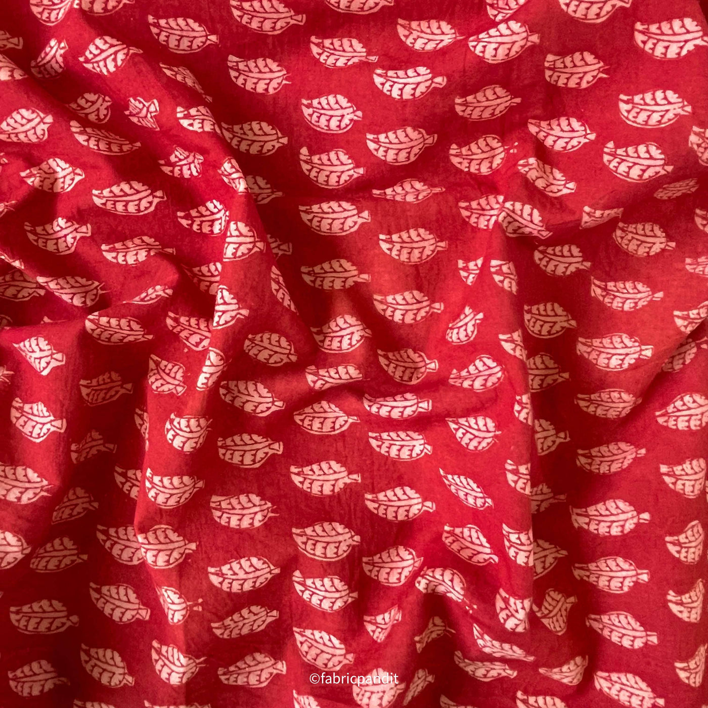 Hand Block Printed Cotton Fabric Cut Piece (CUT PIECE) Deep Saffron Mini Leaves Hand Block Printed Pure Cotton Fabric (Width 42 inches)