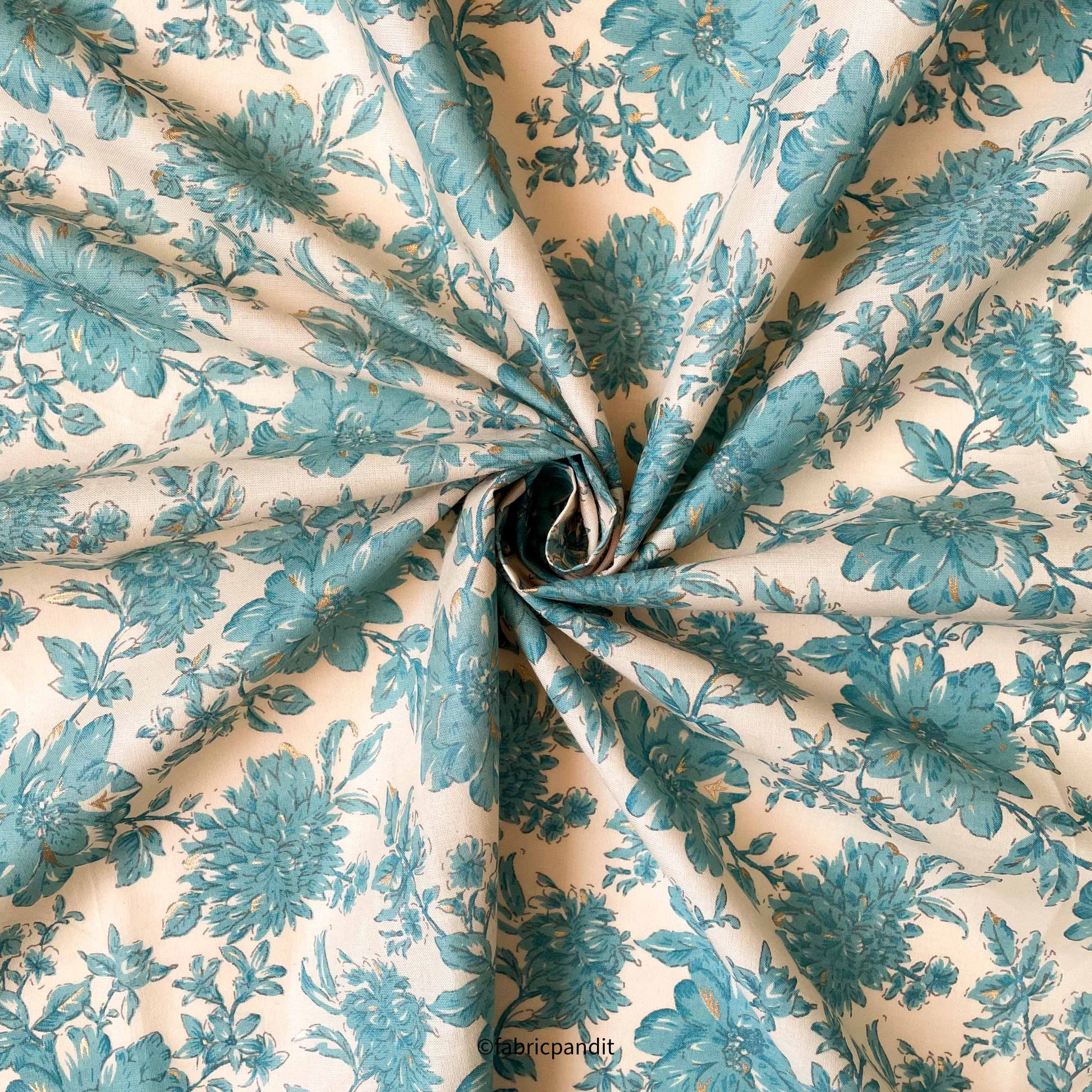 Hand Block Printed Cotton Fabric Cut Piece (CUT PIECE) Dusty Beige & Aqua Blue Peonies & Daisies Hand Block Printed With Foil Pure Cotton Fabric (Width 42 inches)