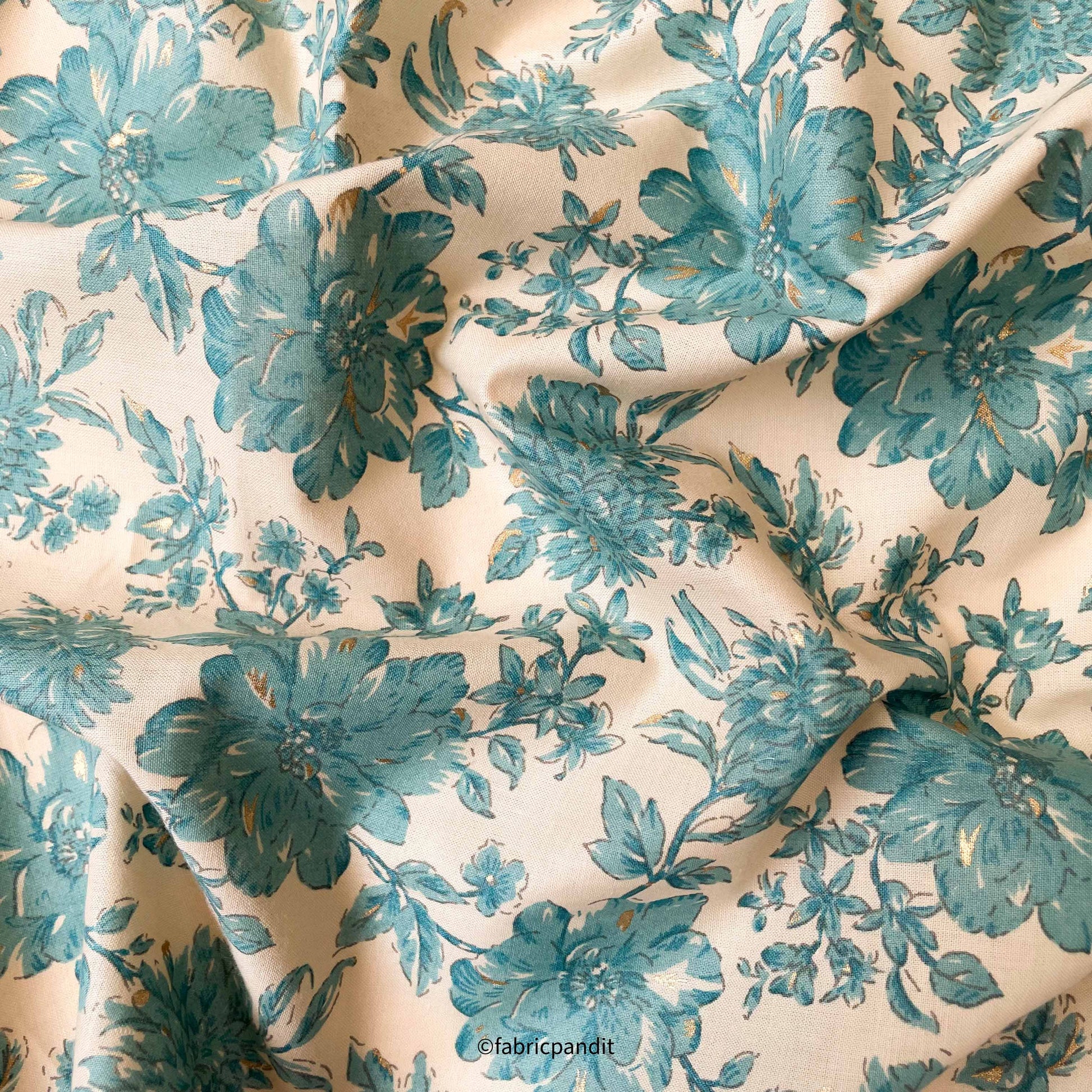 Hand Block Printed Cotton Fabric Cut Piece (CUT PIECE) Dusty Beige & Aqua Blue Peonies & Daisies Hand Block Printed With Foil Pure Cotton Fabric (Width 42 inches)