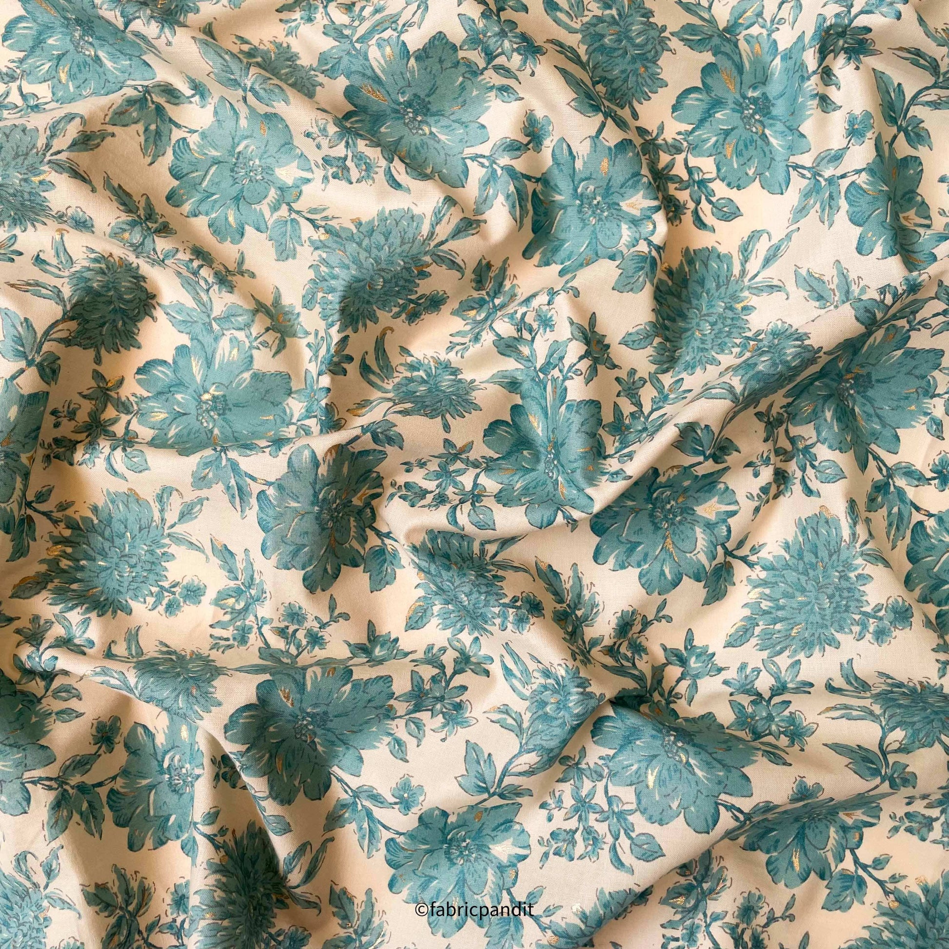 Hand Block Printed Cotton Fabric Cut Piece (CUT PIECE) Dusty Beige & Aqua Blue Peonies & Daisies Hand Block Printed With Foil Pure Cotton Fabric (Width 42 inches)