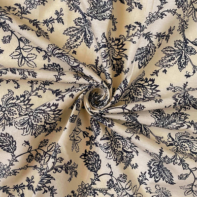 Hand Block Printed Cotton Fabric Cut Piece (CUT PIECE) Dusty Beige & Black Traditional Floral Vines Hand Block Printed Pure Cotton Fabric (Width 42 inches)