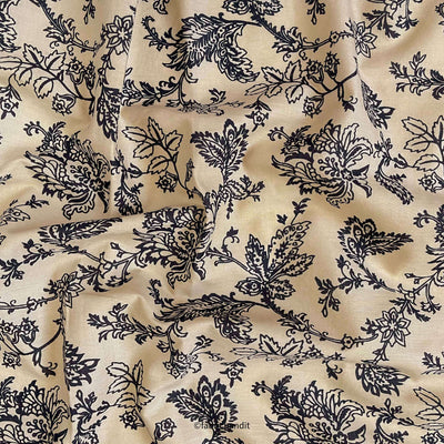Hand Block Printed Cotton Fabric Cut Piece (CUT PIECE) Dusty Beige & Black Traditional Floral Vines Hand Block Printed Pure Cotton Fabric (Width 42 inches)