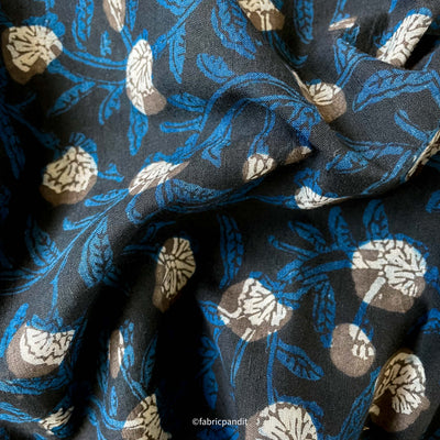 Hand Block Printed Cotton Fabric Cut Piece (CUT PIECE) Dusty Black and Blue Abstract Tulip Garden Pure Ajrakh Natural Dyed Hand Block Printed Pure Cotton Fabric (Width 42 inches)