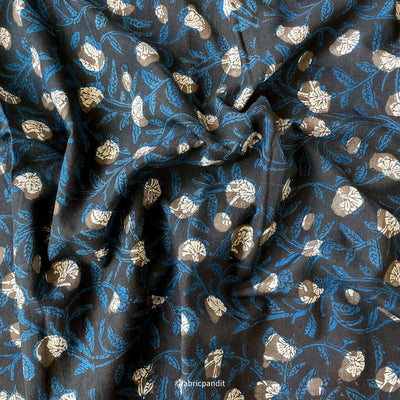 Hand Block Printed Cotton Fabric Cut Piece (CUT PIECE) Dusty Black and Blue Abstract Tulip Garden Pure Ajrakh Natural Dyed Hand Block Printed Pure Cotton Fabric (Width 42 inches)