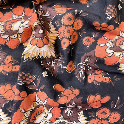 Hand Block Printed Cotton Fabric Cut Piece (CUT PIECE) Dusty Black and Orange Wild Flowers Pure Ajrakh Natural Dyed Hand Block Printed Pure Cotton Fabric (Width 42 inches)