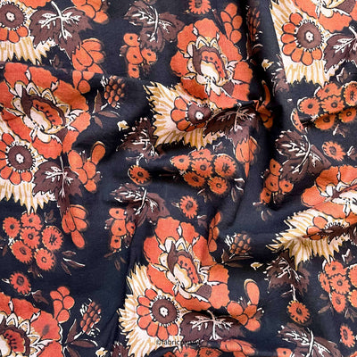 Hand Block Printed Cotton Fabric Cut Piece (CUT PIECE) Dusty Black and Orange Wild Flowers Pure Ajrakh Natural Dyed Hand Block Printed Pure Cotton Fabric (Width 42 inches)