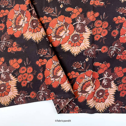 Hand Block Printed Cotton Fabric Cut Piece (CUT PIECE) Dusty Black and Orange Wild Flowers Pure Ajrakh Natural Dyed Hand Block Printed Pure Cotton Fabric (Width 42 inches)