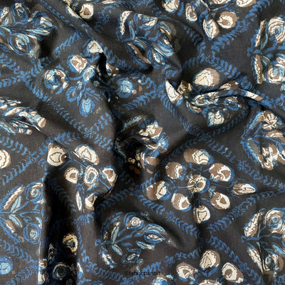 Hand Block Printed Cotton Fabric Cut Piece (CUT PIECE) Dusty Black & Blue Abstract Floral Pure Ajrakh Natural Dyed Hand Block Printed Pure Cotton Fabric (Width 42 inches)