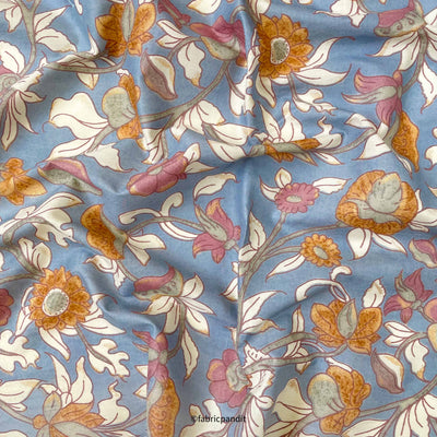 Hand Block Printed Cotton Fabric Cut Piece (CUT PIECE) Dusty Blue & Off-White Flowers in Wonderland Hand Block Printed Pure Cotton Fabric (Width 42 inches)