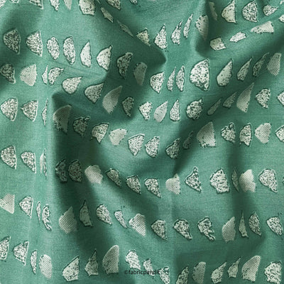 Hand Block Printed Cotton Fabric Cut Piece (CUT PIECE) Dusty Green & Grey Abstract Triangles Hand Block Printed Pure Cotton Fabric (Width 42 inches)