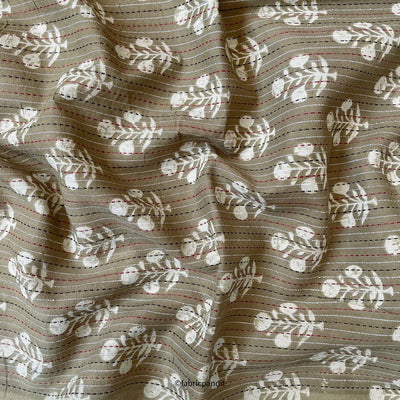 Hand Block Printed Cotton Fabric Cut Piece (CUT PIECE) Dusty Grey Abstract Floral Woven Kantha Hand Block Printed Pure Cotton Fabric (Width 42 inches)