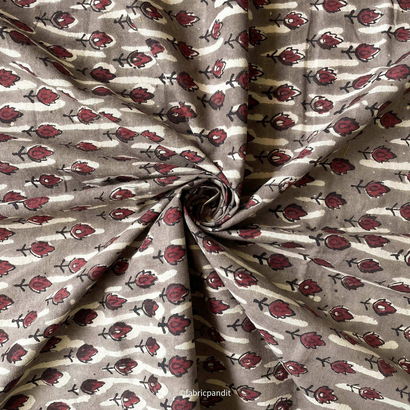 Hand Block Printed Cotton Fabric Cut Piece (CUT PIECE) Dusty Grey & Red Abstract Tulips Hand Block Printed Pure Cotton Fabric (Width 42 inches)