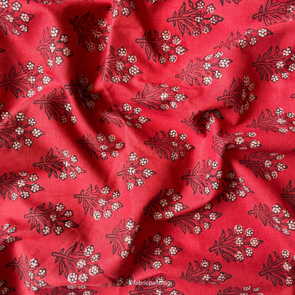 Hand Block Printed Cotton Fabric Cut Piece (CUT PIECE) Dusty Red & Beige Daisy Flower Bunch Hand Block Printed Pure Cotton Fabric (Width 42 inches)