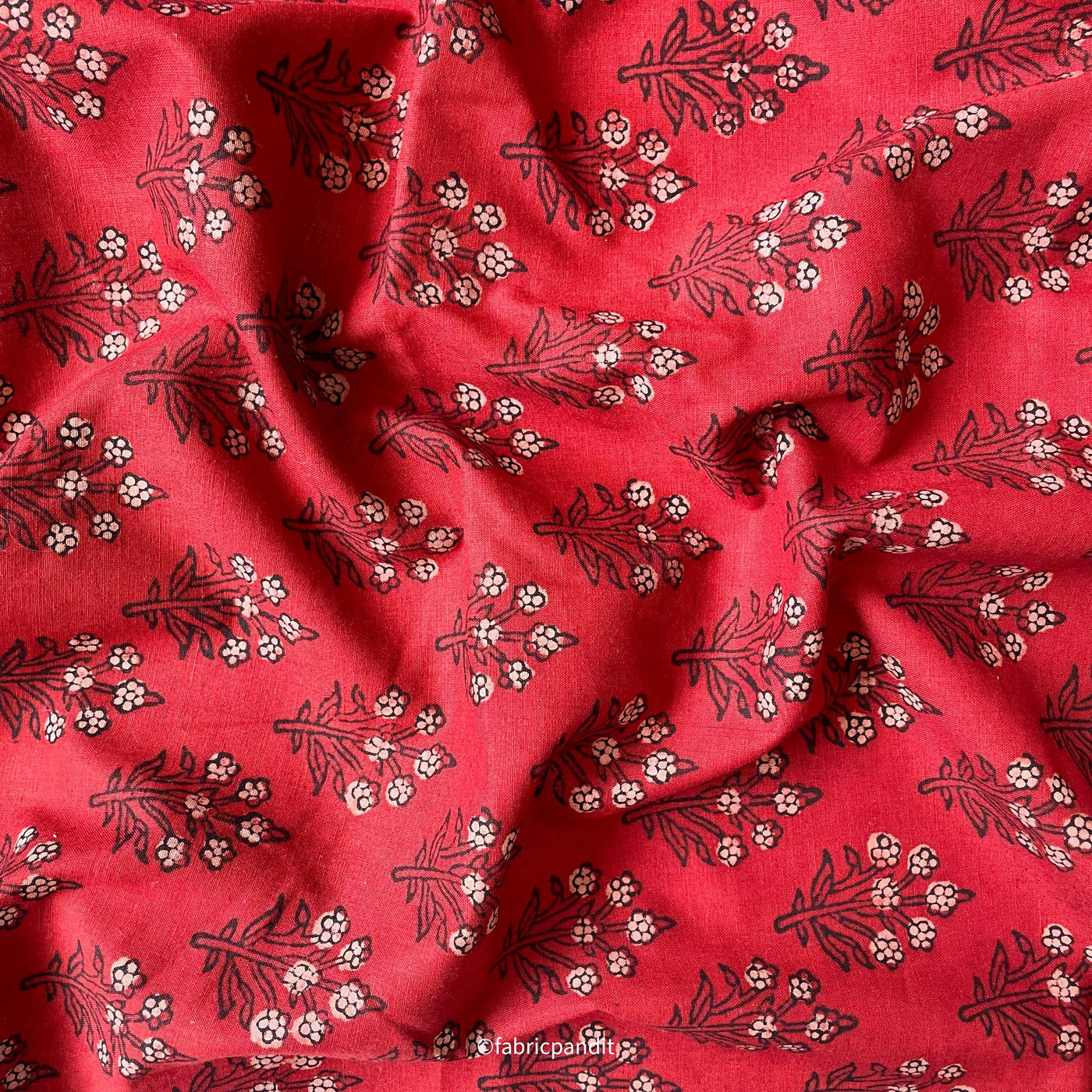 Hand Block Printed Cotton Fabric Cut Piece (CUT PIECE) Dusty Red & Beige Daisy Flower Bunch Hand Block Printed Pure Cotton Fabric (Width 42 inches)