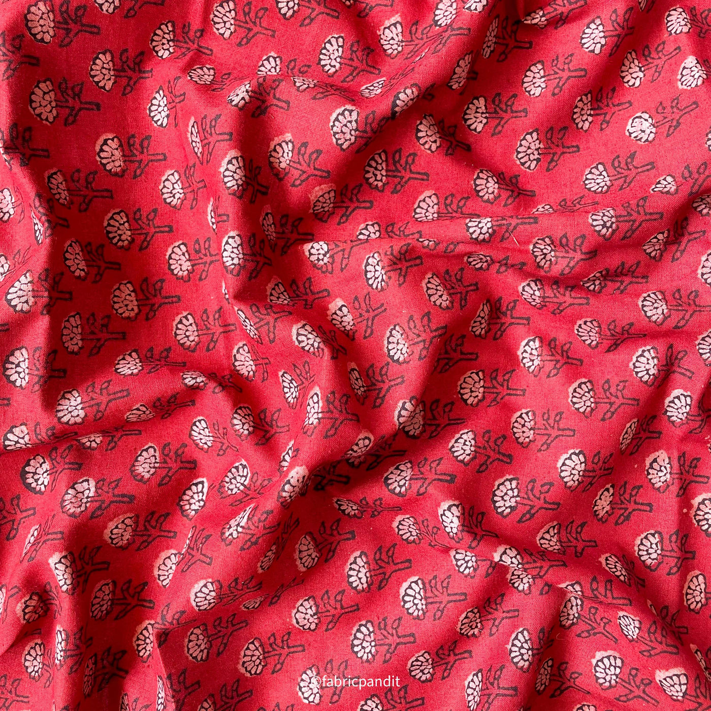 Hand Block Printed Cotton Fabric Cut Piece (CUT PIECE) Dusty Red & Beige Mini Tulips Hand Block Printed Pure Cotton Fabric (Width 42 inches)