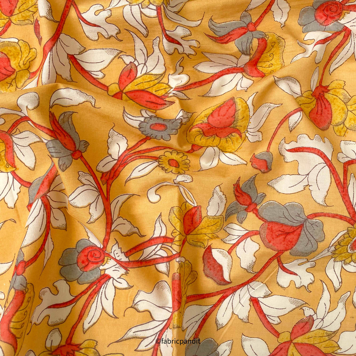 Hand Block Printed Cotton Fabric Cut Piece (CUT PIECE) Dusty Yellow & Off-White Flowers in Wonderland Hand Block Printed Pure Cotton Fabric (Width 42 inches)