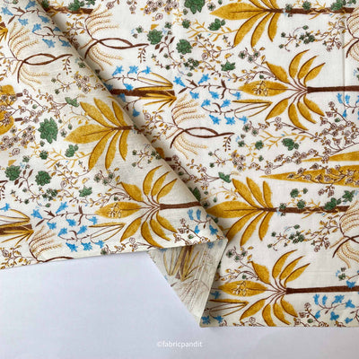 Hand Block Printed Cotton Fabric Cut Piece (CUT PIECE) Golden Yellow and Green The Calm of Oasis Hand Block Printed Pure Mul Cotton Fabric (Width 44 Inches)
