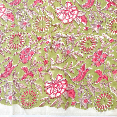 Hand Block Printed Cotton Fabric Cut Piece (CUT PIECE) Green and Pink Mughal Flower Garden Hand Block Printed Pure Cotton Slub Fabric (Width 43 inches)