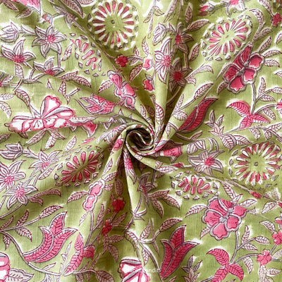 Hand Block Printed Cotton Fabric Cut Piece (CUT PIECE) Green and Pink Mughal Flower Garden Hand Block Printed Pure Cotton Slub Fabric (Width 43 inches)