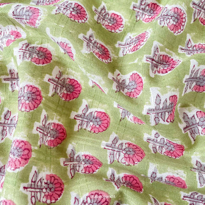 Hand Block Printed Cotton Fabric Cut Piece (CUT PIECE) Green and Pink Mughal Flower Hand Block Printed Pure Cotton Slub (Width 43 inches)