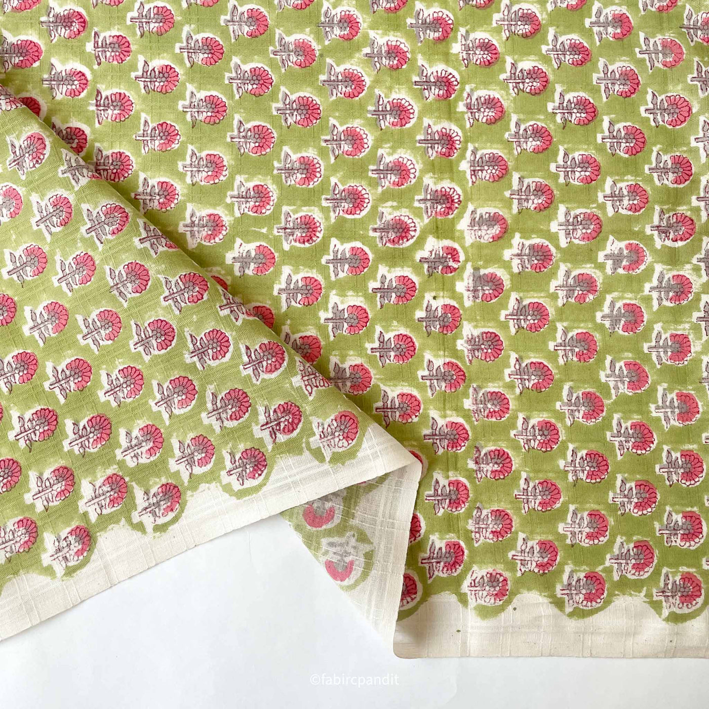 Hand Block Printed Cotton Fabric Cut Piece (CUT PIECE) Green and Pink Mughal Flower Hand Block Printed Pure Cotton Slub (Width 43 inches)