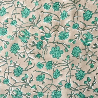 Hand Block Printed Cotton Fabric Cut Piece (CUT PIECE) Grey and Turquoise Egyptian Floral Vines Hand Block Printed Pure Cotton Fabric (Width 43 inches)