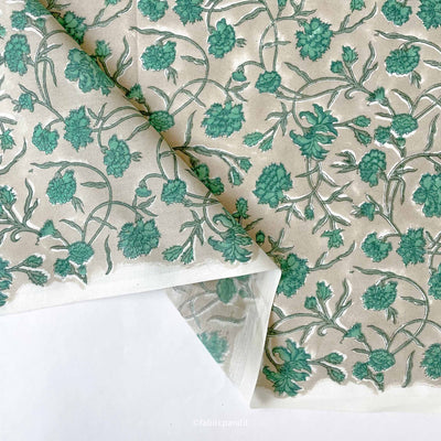 Hand Block Printed Cotton Fabric Cut Piece (CUT PIECE) Grey and Turquoise Egyptian Floral Vines Hand Block Printed Pure Cotton Fabric (Width 43 inches)